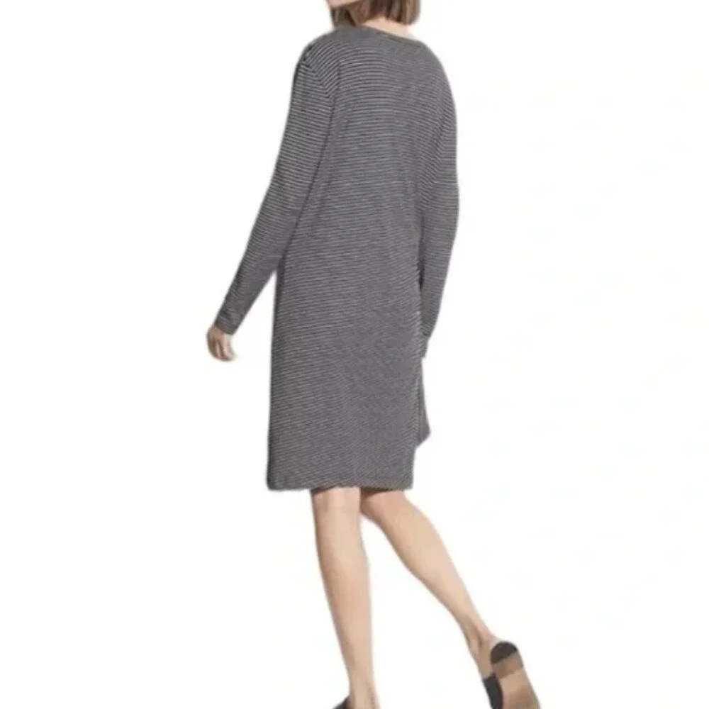 VINCE Small Black White Striped Long Sleeve Cotton Gathered Tie Waist Midi Dress